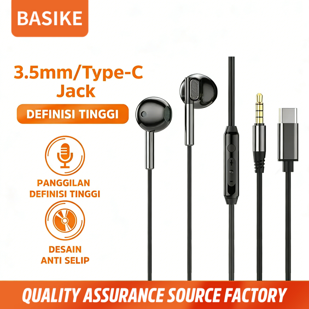 BASIKE Headset Berkabel Olahraga MT119 Bass Semi-in-Ear Mikrofon Type-C 3.5mm Jack Kabel 1.2m Jernih