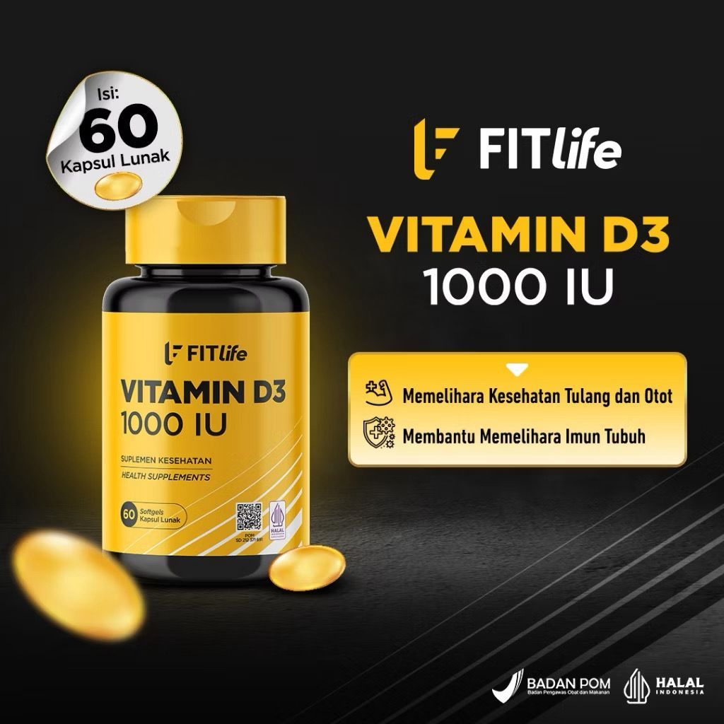 FITLIFE  Vitamin D3 1000 IU 60 Kapsul Lunak Softgel Multivitamin BPOM Dan HALAL