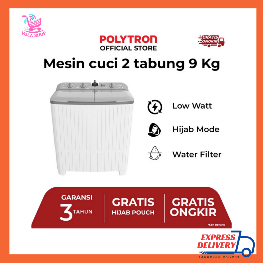 MESIN CUCI 2 TABUNG POLYTRON Mesin Cuci 2 Tabung Giant Series Hijab 9 KG - PWM 9076Y
