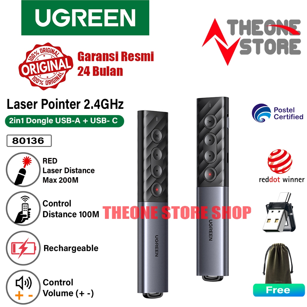 UGREEN Wireless Presenter Laser Pointer Presenter ,Remote Laser Pointer Untuk Presentasi