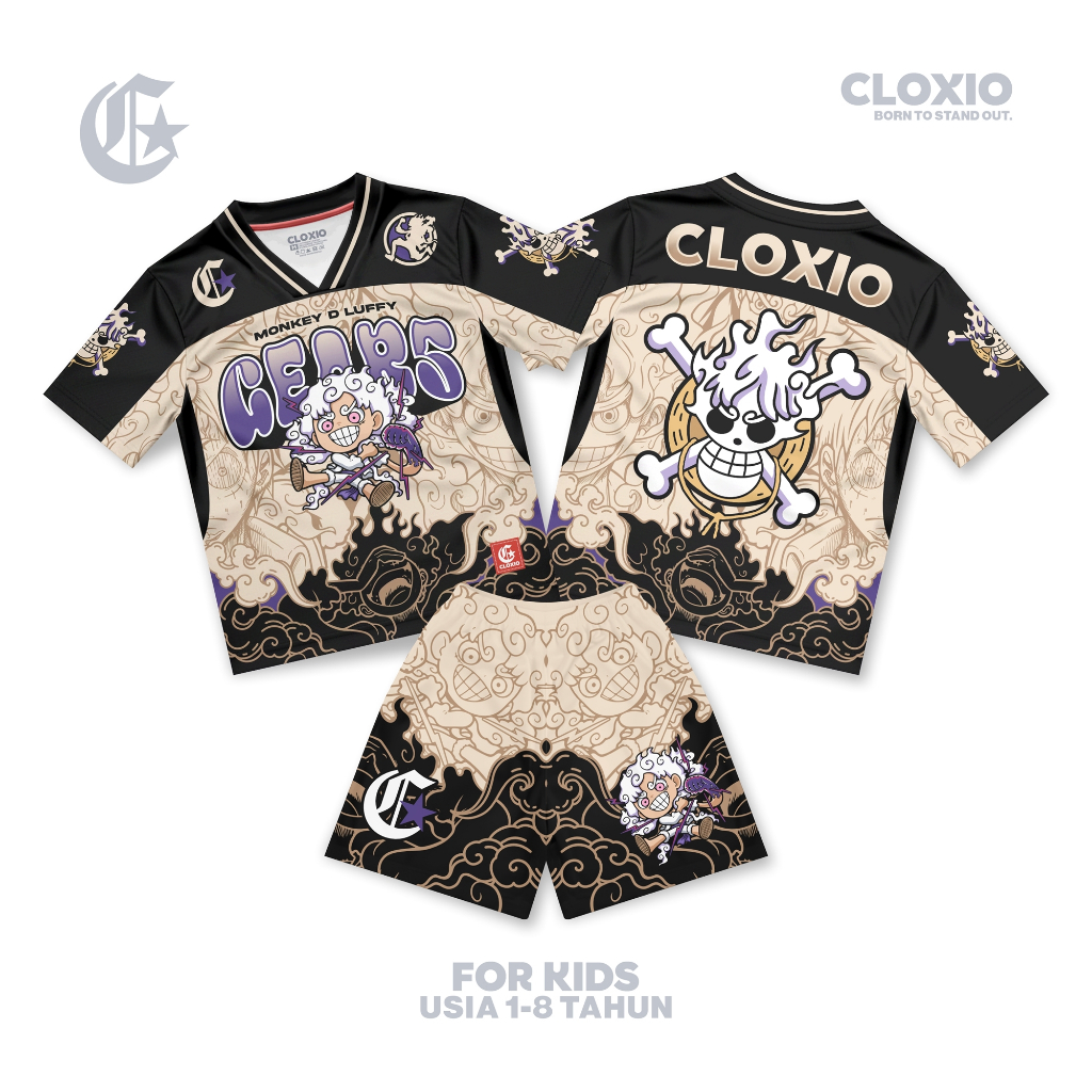CLOXIO - Setelan Jersey Anak - Baju Stelan Anak Balita - Kaos One Piece Luffy Krem Usia 1-8 Tahun