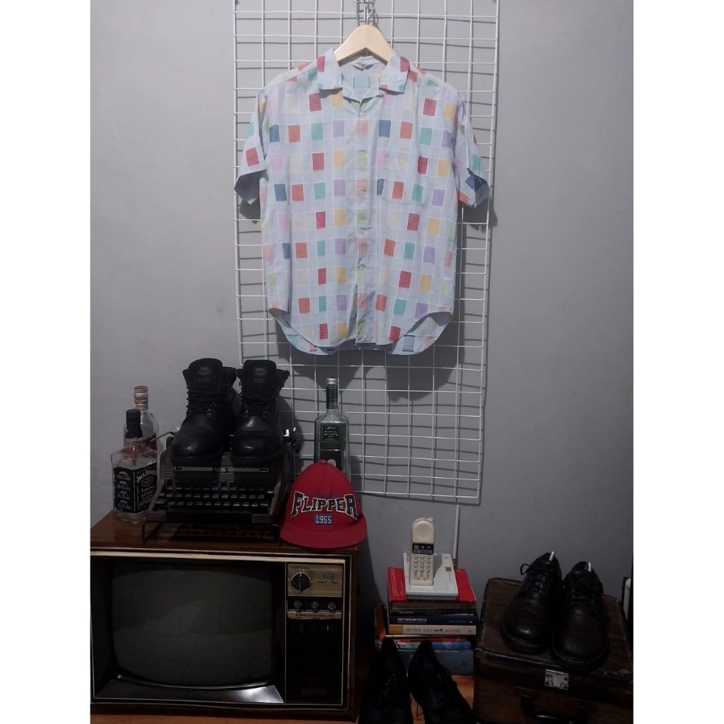 kemeja vintage open collar colour block