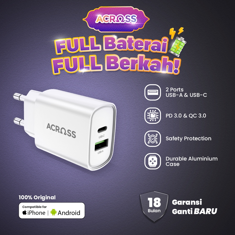 ACROSS Kepala Charger Fast Charging Adaptor Charger IPhone & Android