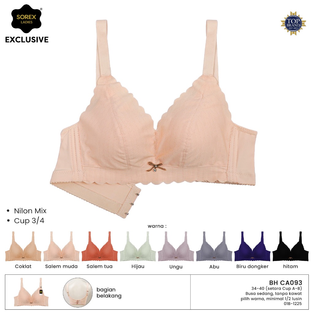 SOREX BRA BH CA 093 Tanpa Kawat Busa Sedang Kait 3 (Cup A-B) Bahan Nilon Mix