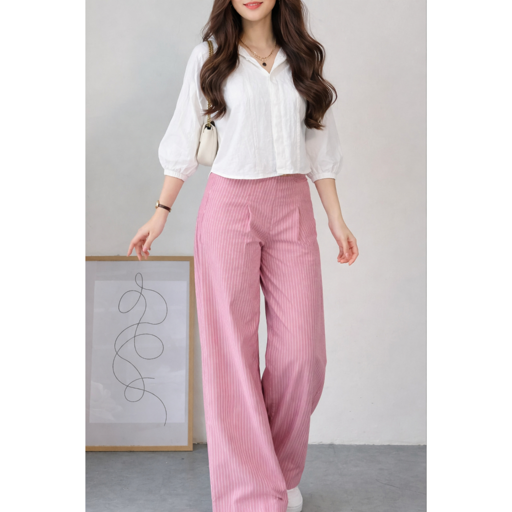 Yasmine City Pants | Celana kulot wanita garis | Celana Tidur Panjang Wanita Kantor Kuliah Motif Gar