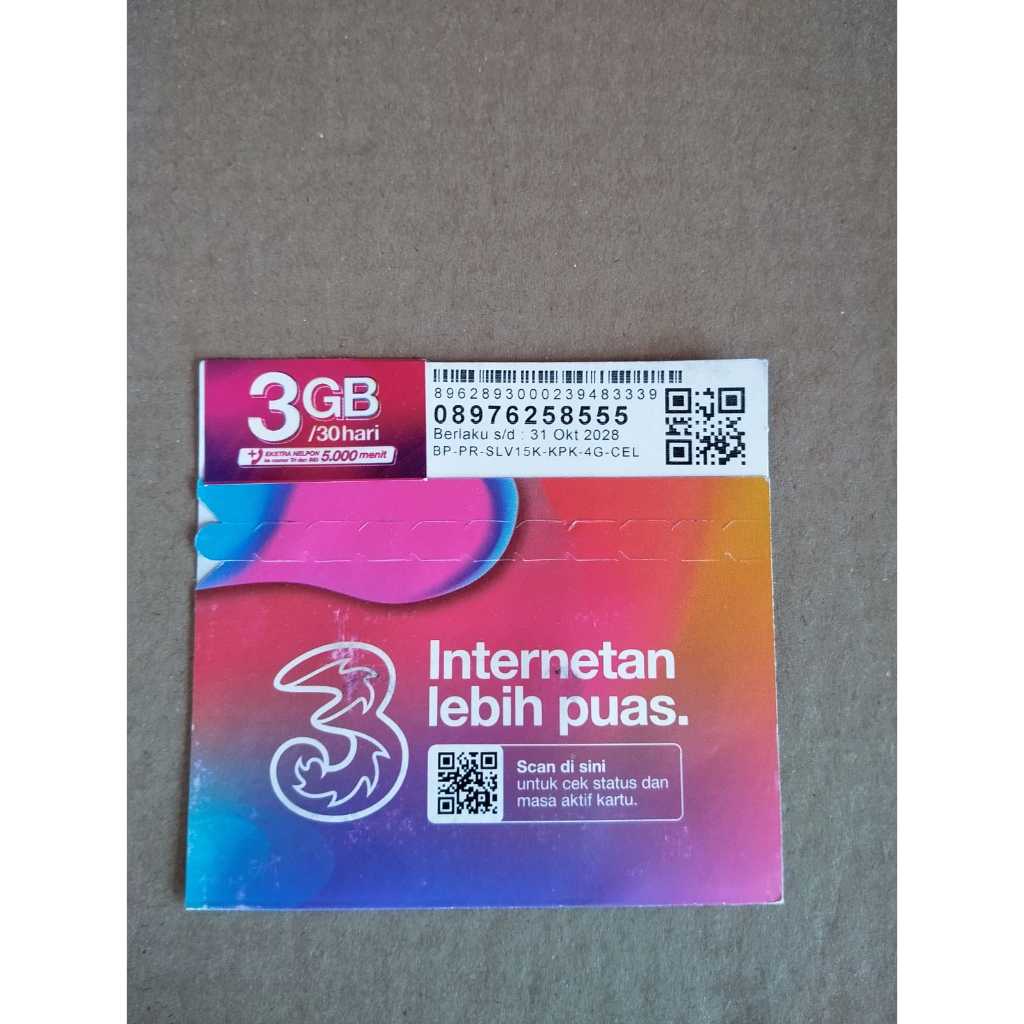 Kartu Perdana Tri Kuota 3GB Plus Kuota Nelpon 5000 Menit