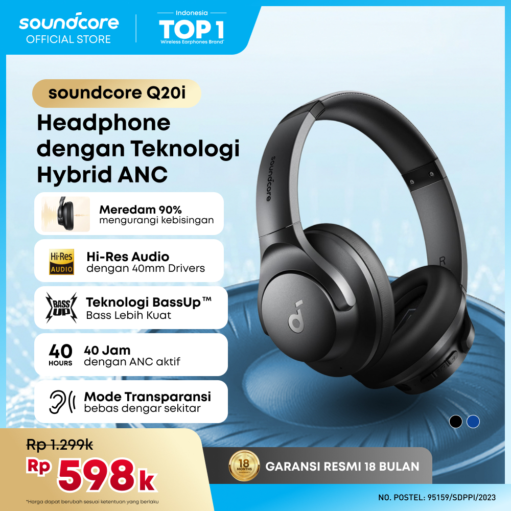 Soundcore by Anker Q20i Bluetooth Headphones with Mic Hi-Res Hybrid ANC Headset with Noise Cancellin