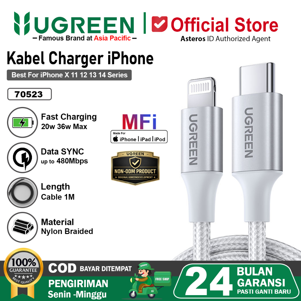 UGREEN Kabel Charger MFi For iPhone X XS XR 11 12 13 14 Pro Max USB Type C to Lightning Fast Chargin