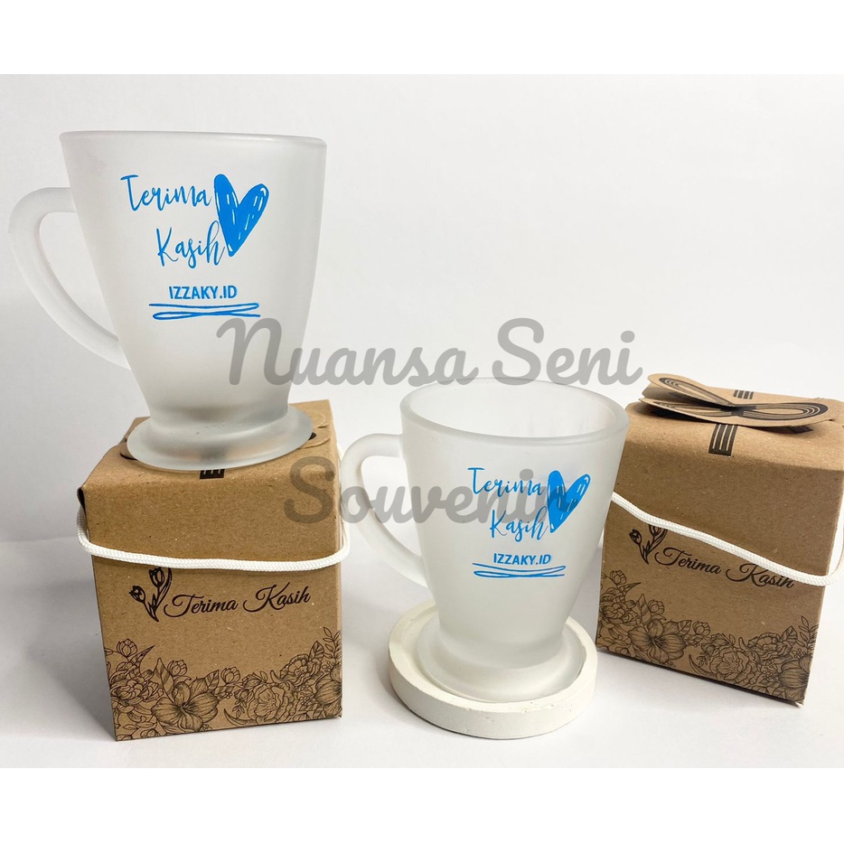 Souvenir Pernikahan Gelas Kaca Minum Mug Teh Motif Piala Gelas Kopi Gagang Kaca Cangkir Doff Sablon