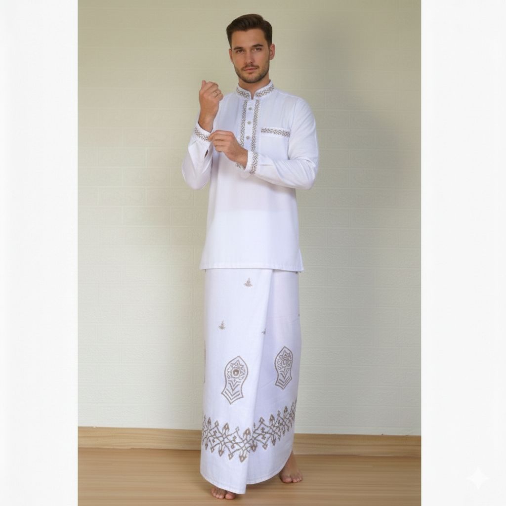 Wadimor - Sarung Wadimor Bordir Motif Terompah Putih