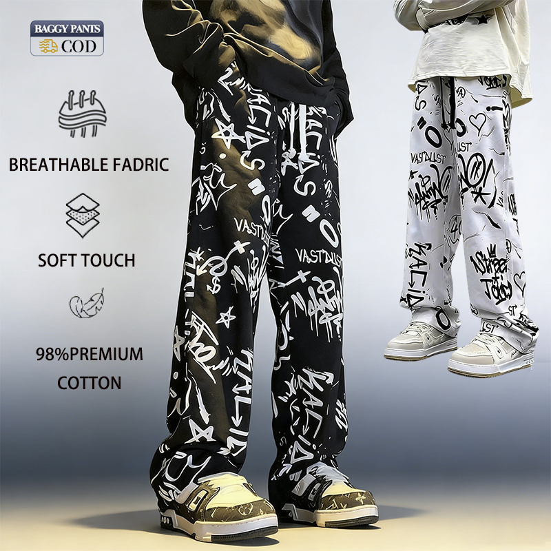Celana panjang pria longgar, celana panjang motif Y2K, celana panjang longgar,desain grafiti