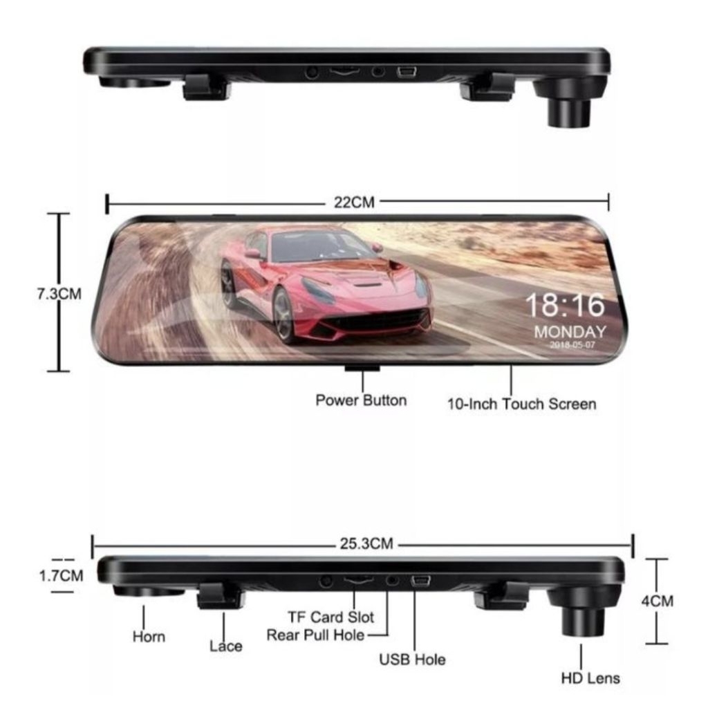 DVR 2 Camera Spion mobil 10" Starlight Night IPS 2.5K FHD Touchscreen tanpa memori.