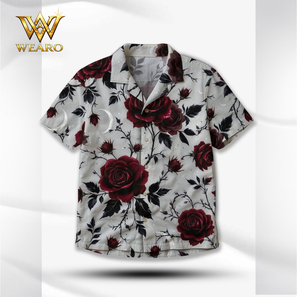 WEARO Kemeja Full Print Motif Midnight Rose Crescent Moon Unisex Casual Hawaii Lengan Pendek Premium