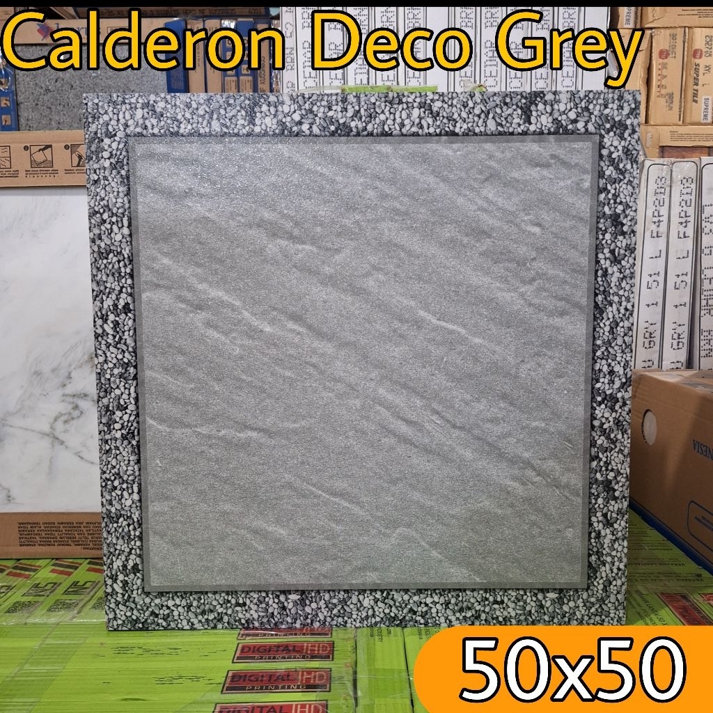 Keramik lantai 50×50 murah ICARUS Calderon Deco Grey motif batu alam keramik lantai garasi, carport