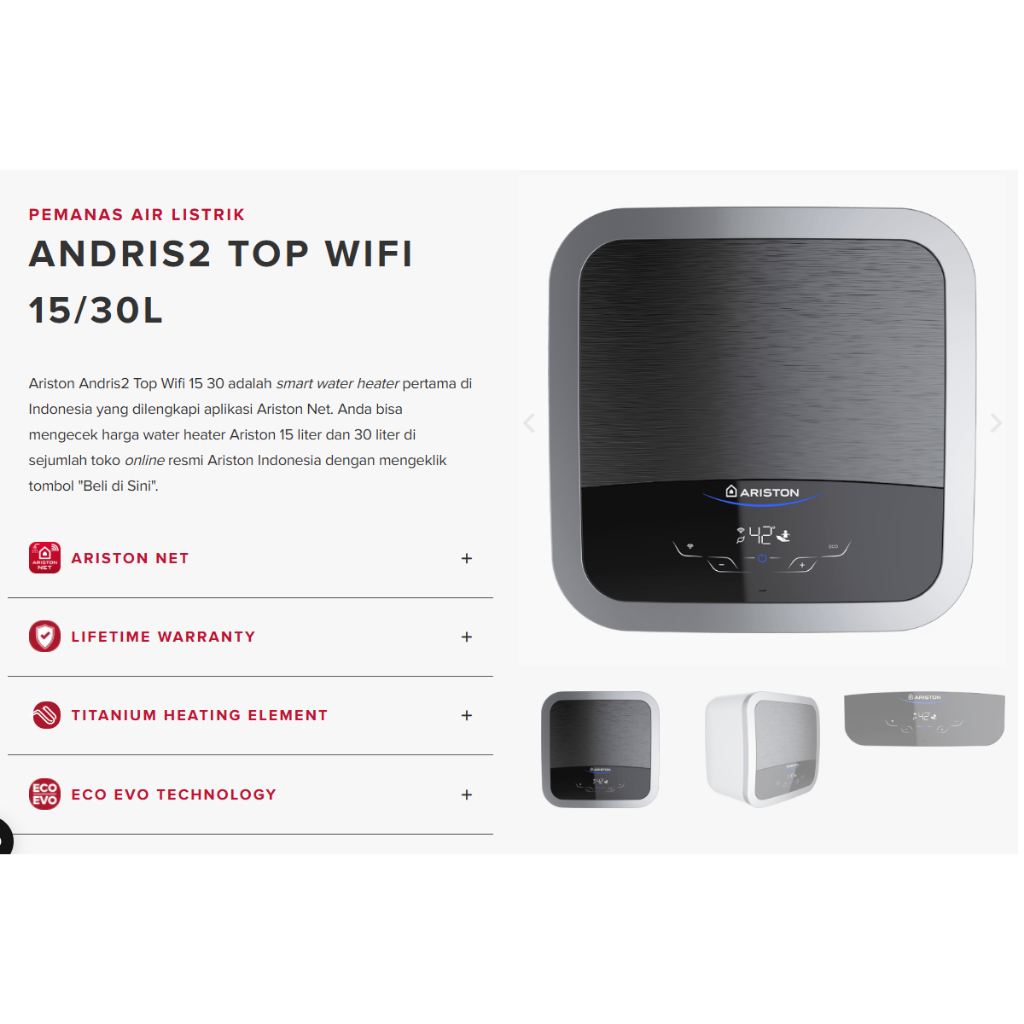 WATER HEATER LISTRIK ARISTON TOP WIFI 15  = 15L /  WATER HEATER LISTRIK ARISTON TOP WIFI 30 = 30L