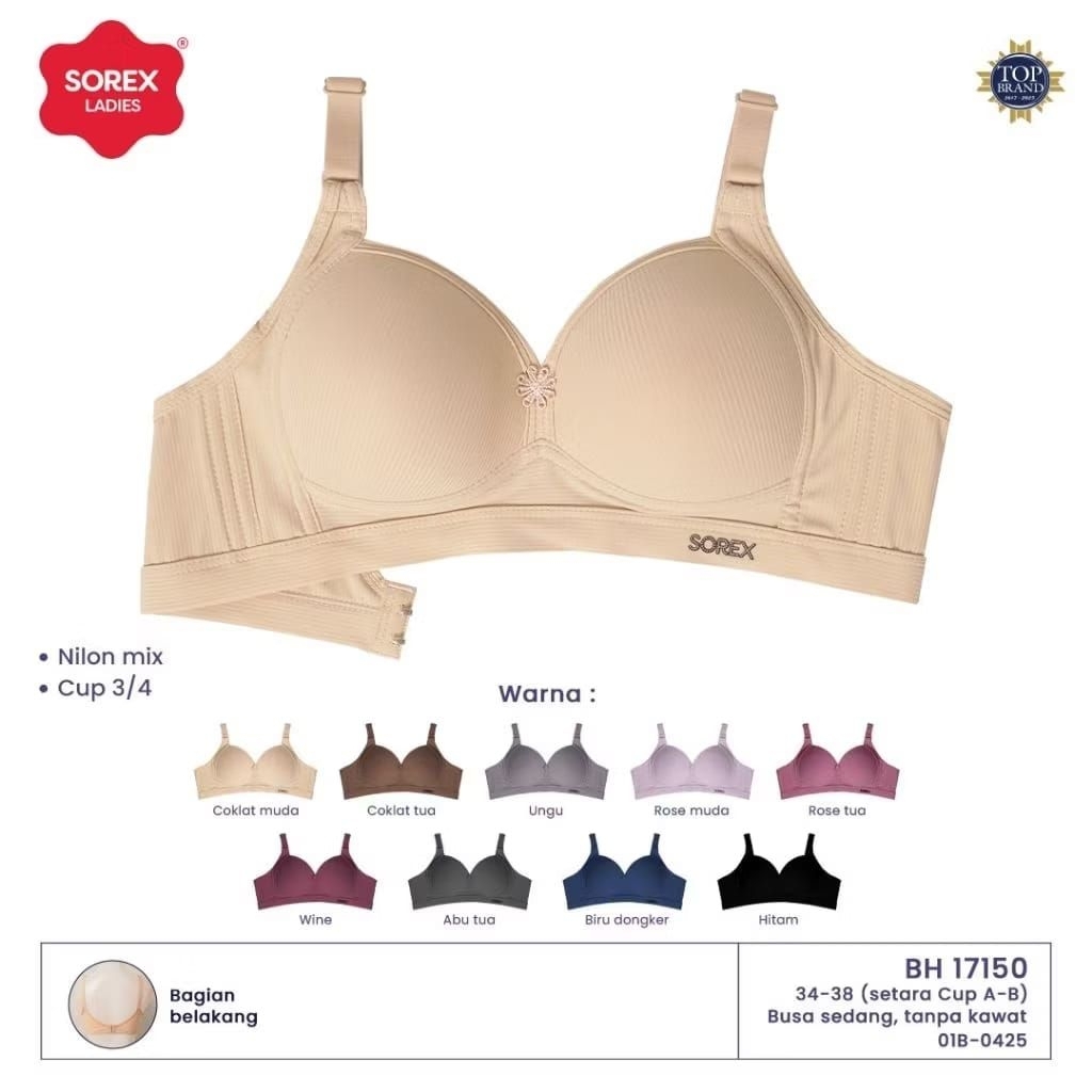 BH SOREX 17150 TANPA KAWAT BUSA KAIT 2 BRA CUP B-C 3/4 UK 34 - 38 SOREX BRA NILON MIX ADEM NYAMAN DI