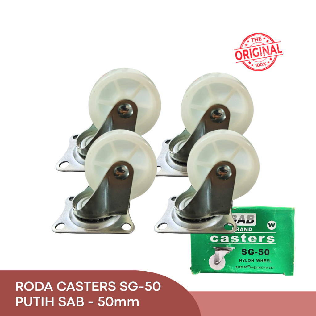 Roda Casters Putih Nylon 2" Gepeng Tanpa Rem SAB | Roda Etalase Koper (Set/4pcs)