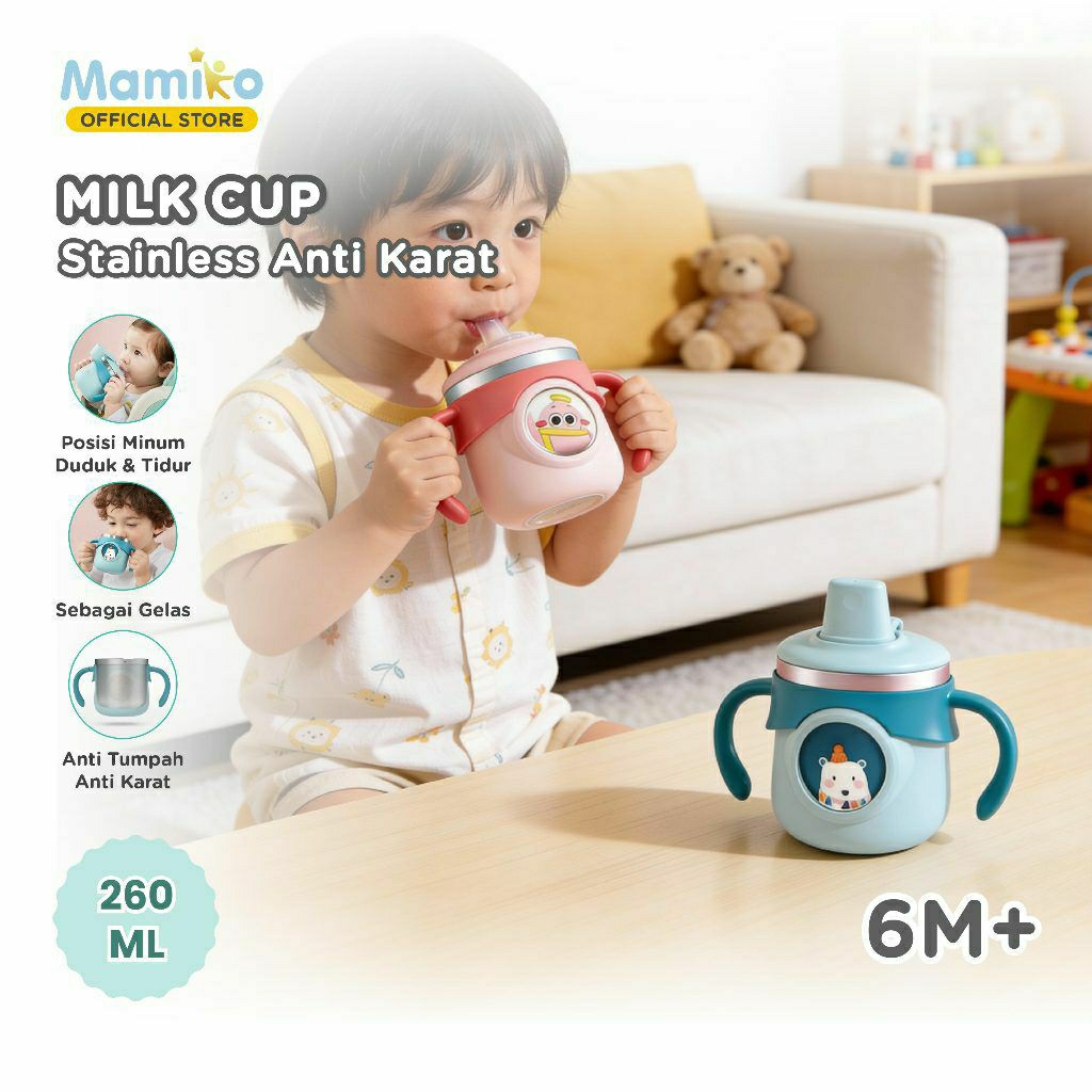 Mamiko Milk Cup Stainless Steel 260ml / Cup Bee Doll Baby Baby Milk Cup / Gelas Minum Anak Stainless
