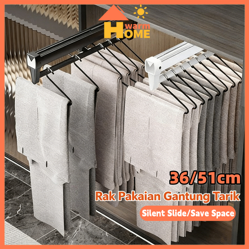 36cm/51cm Gantungan Baju Tarik Rak Rel Gantungan Celana Teleskopik Batang Rel Pants Rack Pakaian Tar
