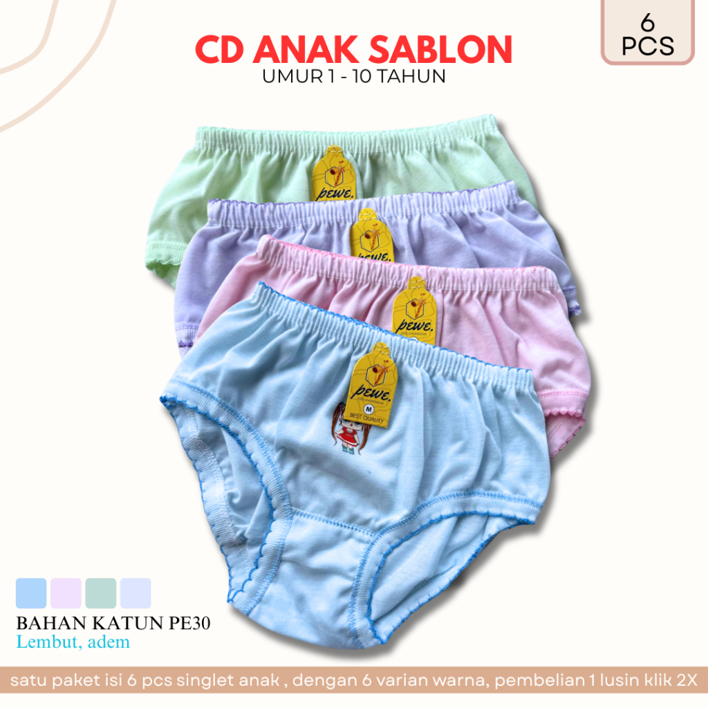 12 PCS CD daleman Anak Cewek polos warna warni - Celana Dalam Anak Perempuan / Cd Anak Cewek Bahan K