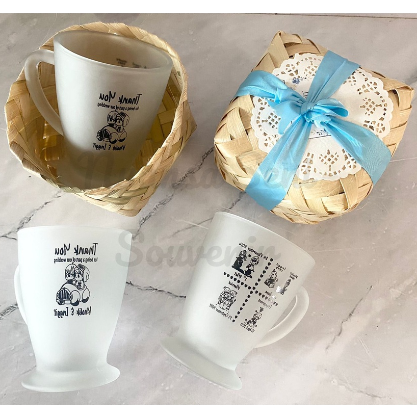 Souvenir Gelas Minum Motif Piala Cup Gagang Teh Kaca Cangkir Kopi Tumbler Mug Beling Doff Sablon