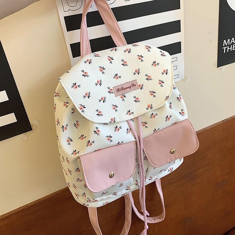 Tasio Tas Ransel Wanita Motif Bunga Kecil Krem Pink Model Tali Serut Unik | Tas Sekolah Cantik Banya