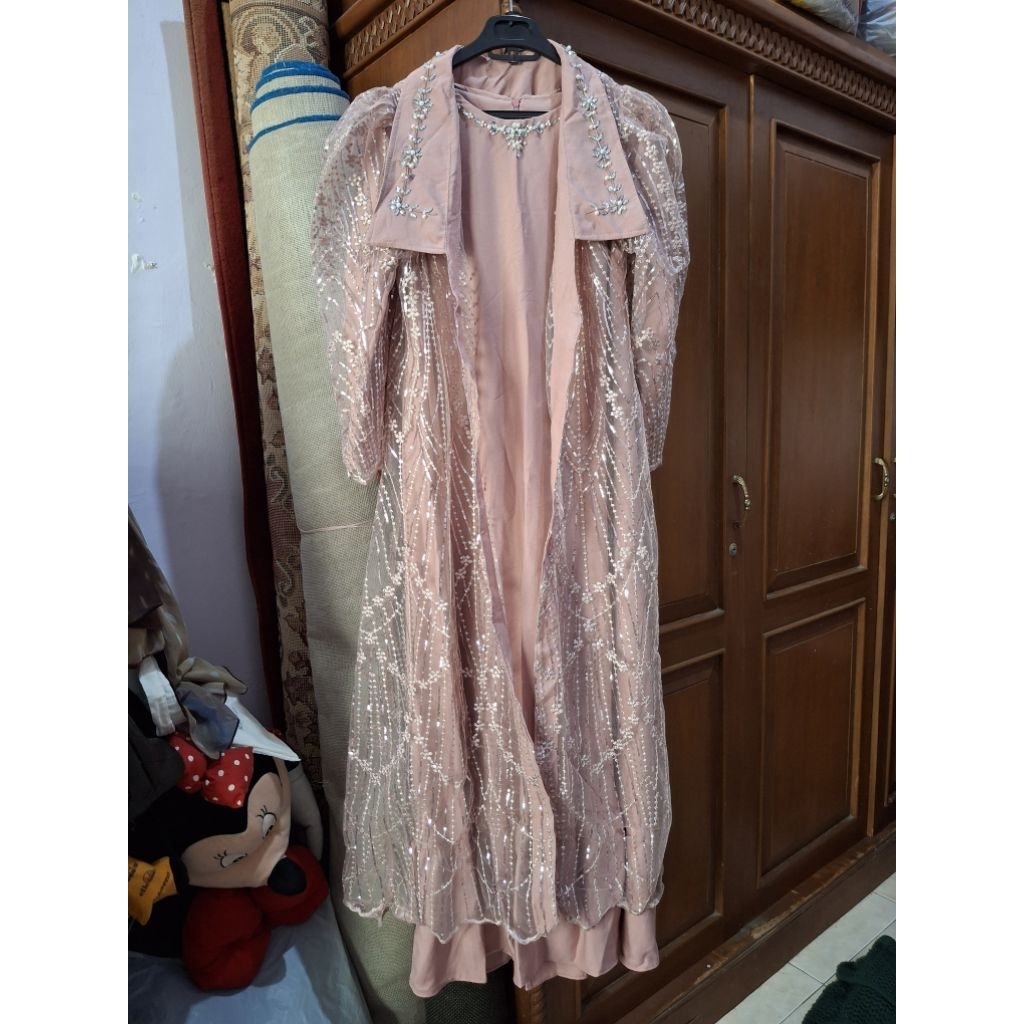 Set gamis outer brokat pink