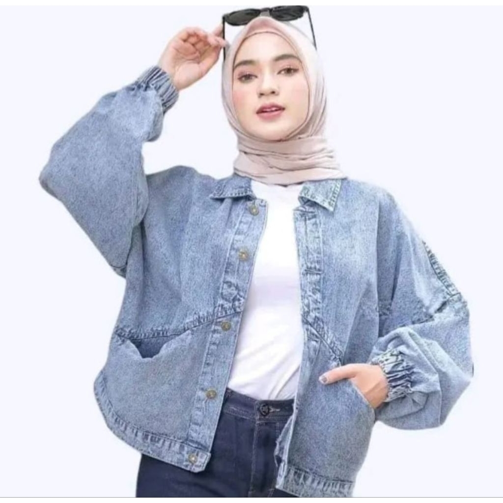 Jaket Jeans Wanita korean style lengan panjang Karet