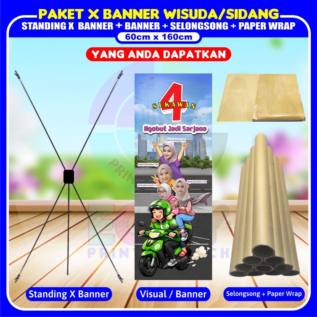 Sentosajaya_1 X Banner Wisuda/Sidang Paket Komplit Full Bonus (Tiang X Banner + Banner + Selongsong