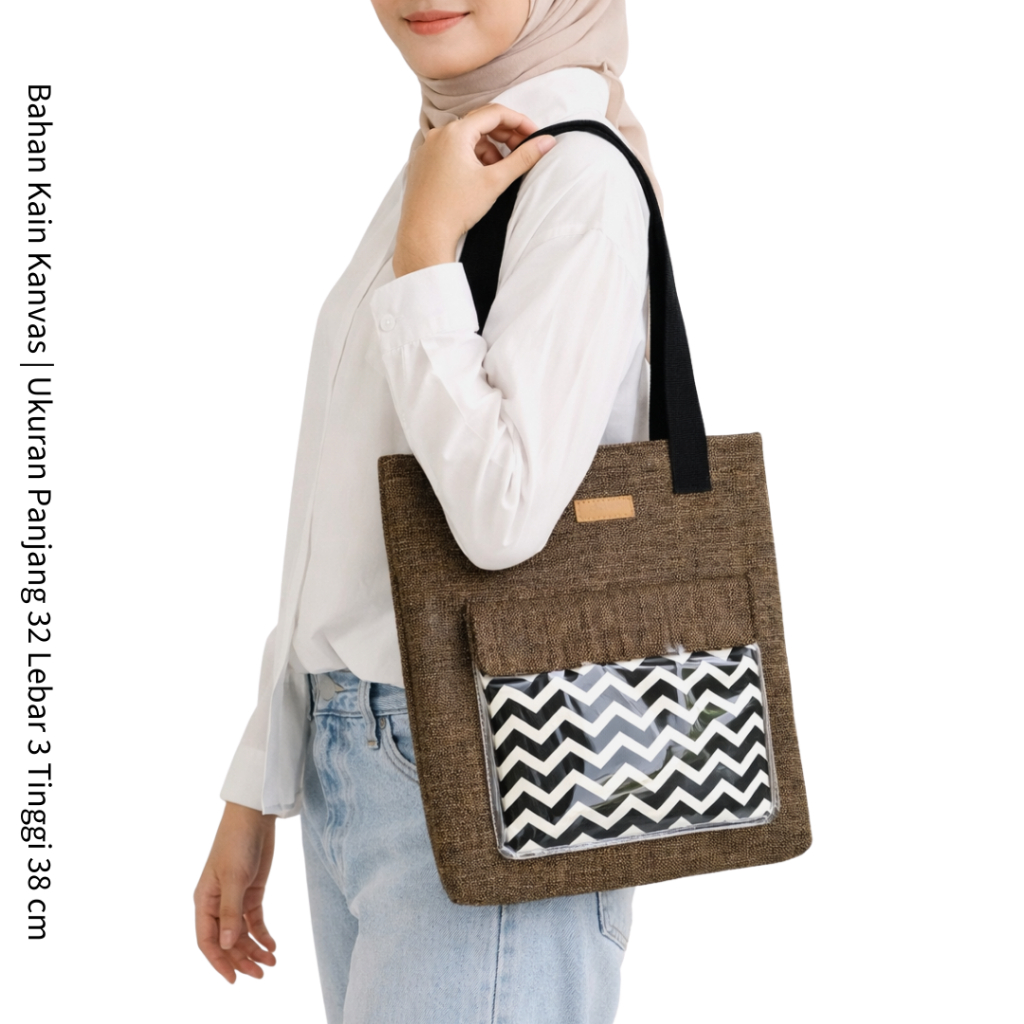 Tas Tote Bag Canvas Saku Mika Transparan Kekinian - Shoulder Wanita Motif Aesthetic Hangout & Kampus