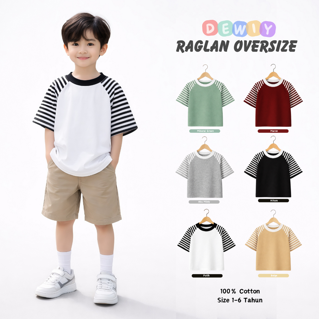 Kaos Raglan Anak Laki Laki / Kaos Anak Oversize Polos Salur / Kaos Oversize Anak PS022