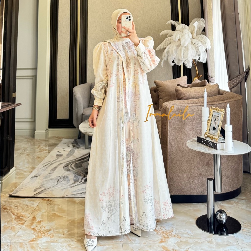 Shima  Dress Gamis Muslim Bahan Zora Twill Printing Mix Tulle Sparkle Nyaman Cantik Mewah Elegant By