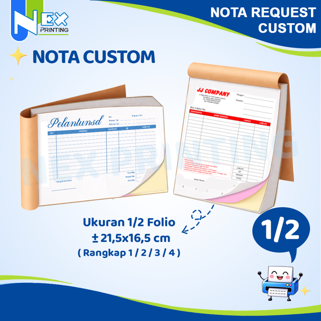 1/2 Cetak Nota Custom Request Ukuran 1/2 Folio Bon Faktur Online Ofline 1ply 2ply 3ply 4ply rangkap 