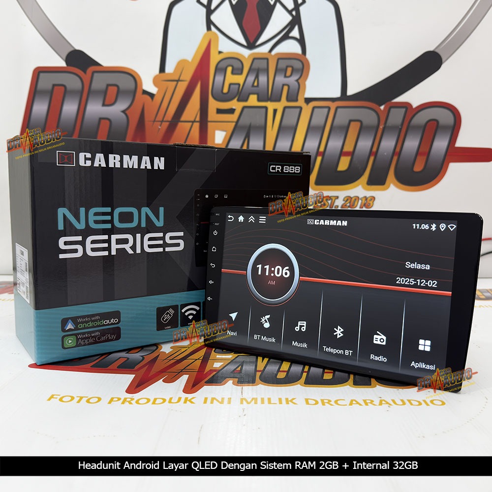 Headunit Android Mobil Carman CR-888 Neon Series RAM 2GB Internal 32GB Layar QLED