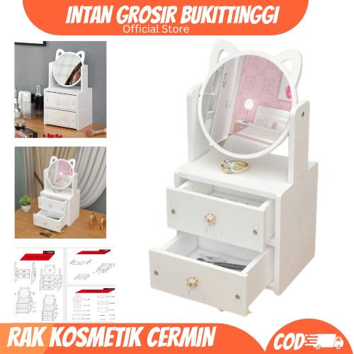 Rak Cermin Makeup Kosmetik Putih 2 Laci Rak Tempat Make Up Skincare 2 Susun Cermin Lemari Mini