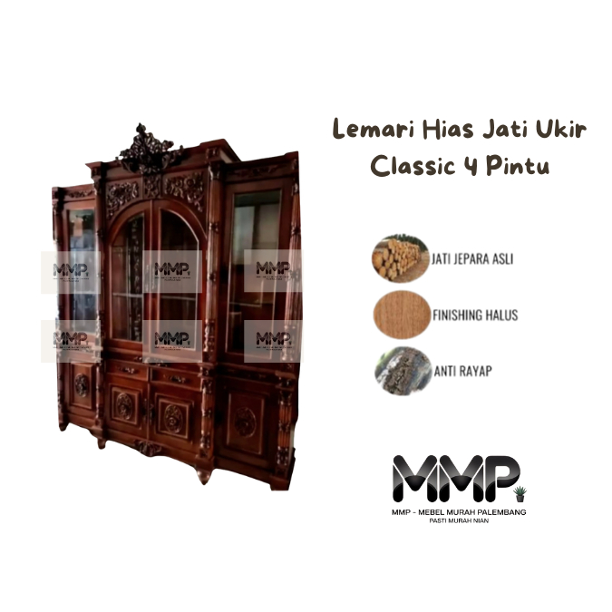 Lemari Hias Jati Ukir Capela 4 Pintu | Lemari Hias Jati Jepara Asli Murah Palembang