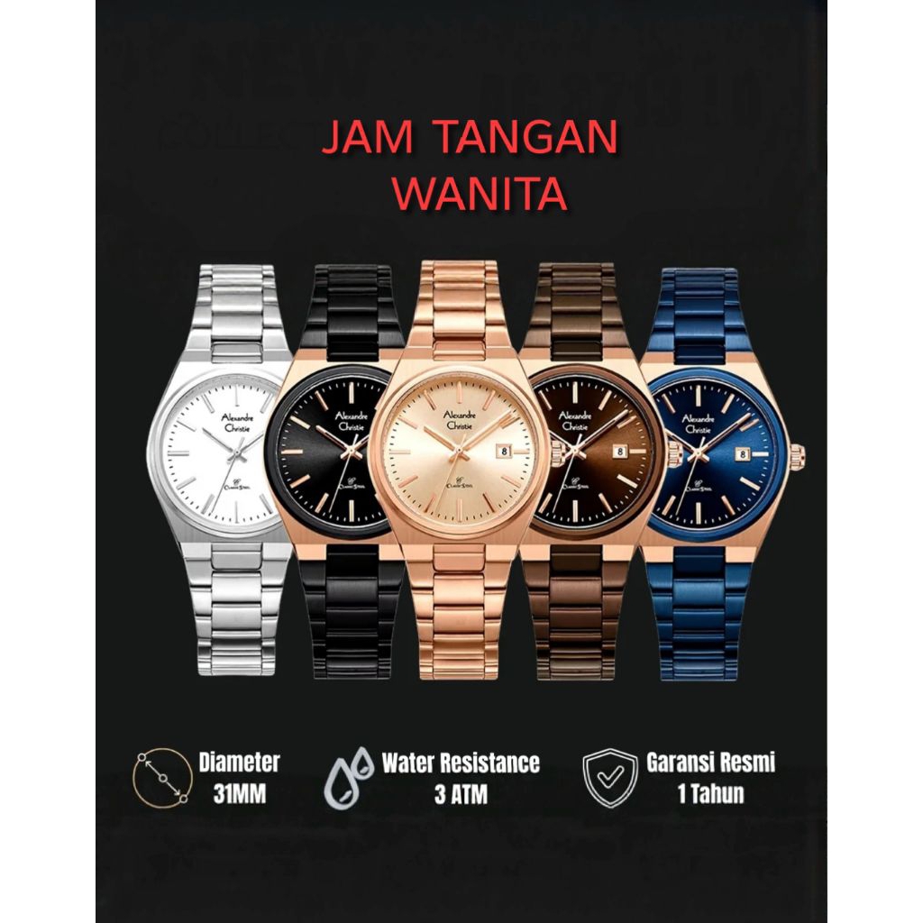 ORIGINAL GARANSI RESMI JAM TANGAN WANITA  CEWEK RANTAI STAINLESS STEEL ALEXANDER CRISTIE ALEXANDRE C