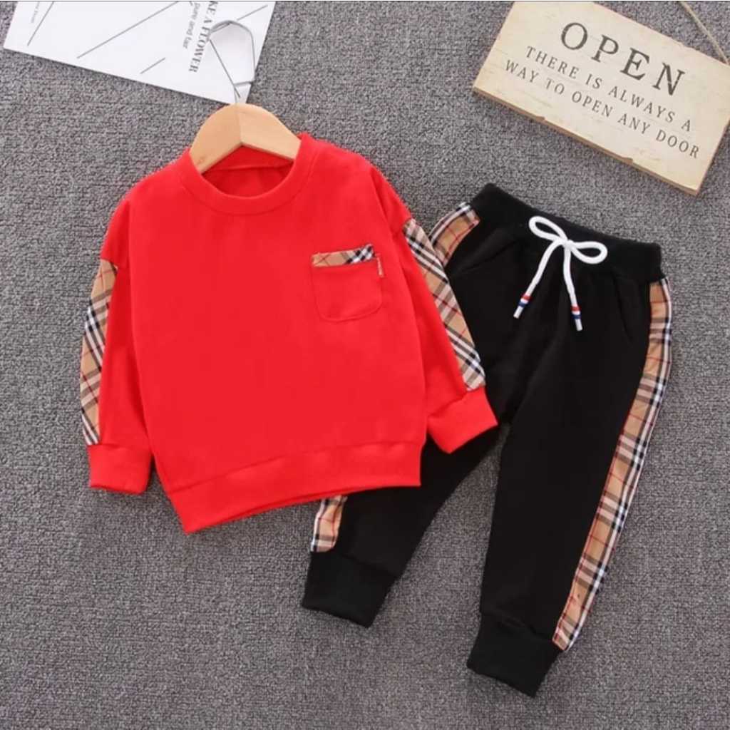 Setelan Anak Motif Kotak | Sweater & Celana Joger | Baju Anak Laki-Laki dan Perempuan | Usia 1–6 Tah