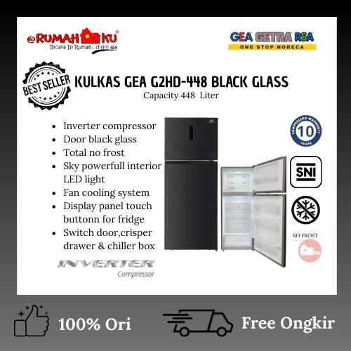 GEA KULKAS 2 PINTU G2HD-448 NO FROST BLACK GLASS/GEA KULKAS 2 PINTU KAPASITAS 448 LITER/GEA KULKAS P