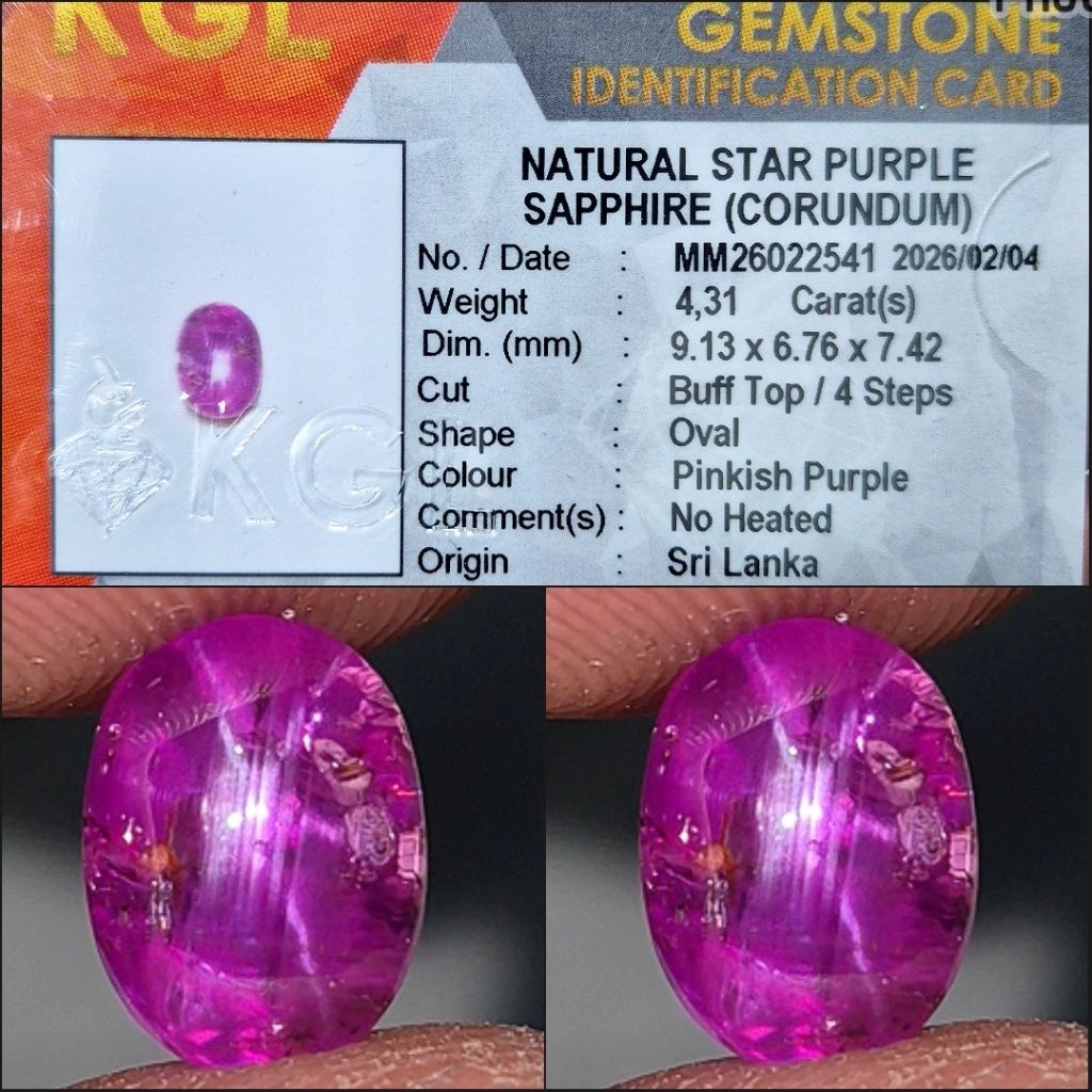 Natural Hot Pink Star Sapphire Srilanka 4.31 crt Noheated NTE NH Ceylon Pinkish Purple Memo KGL Lab