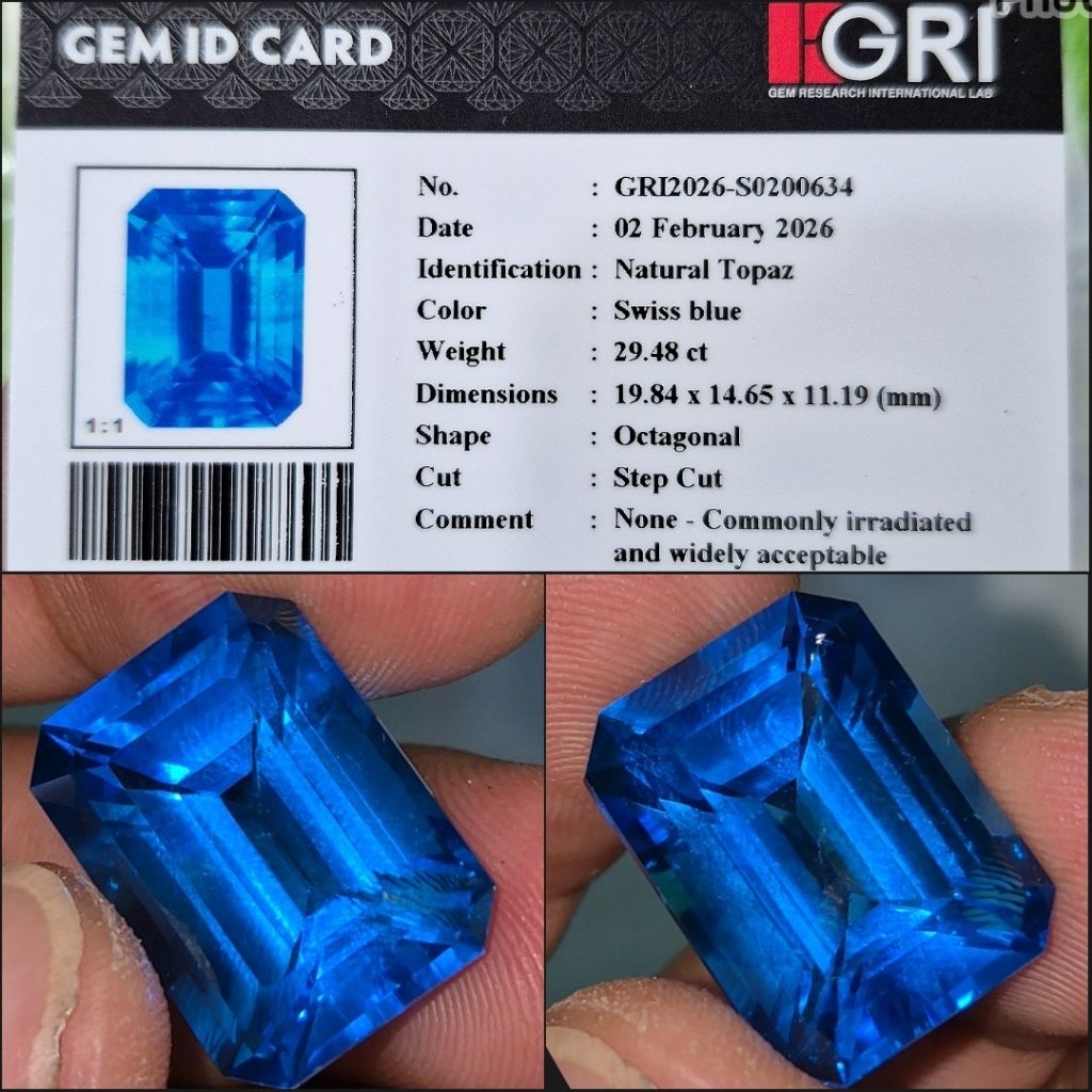 Natural Swiss Blue Topaz NTE NH 29.48 crt Memo Gri Lab