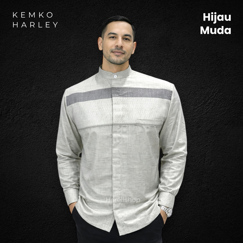 Kemko Harley Pria Hijau Muda | Baju Koko Lengan Panjang Motif Modern | Adem & Elegan