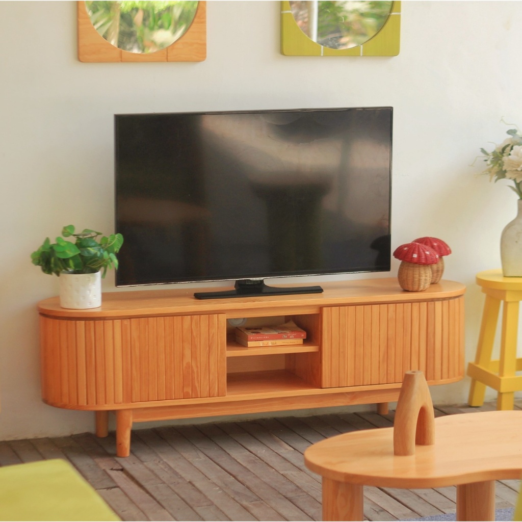 Uwitan Ona TV Table – Meja TV Minimalis Aesthetic Terbaru Model Jerujen Japandi Oval Kayu Pinus Panj