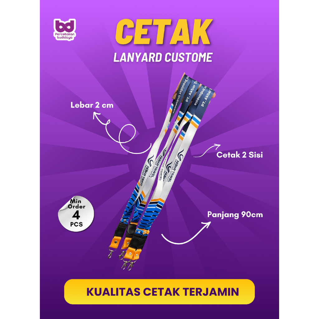 Tali Lanyard Sublim Print Custom Desain Press 1 atau 2 Sisi Gantungan Name Tag Id Card Premium 2cm