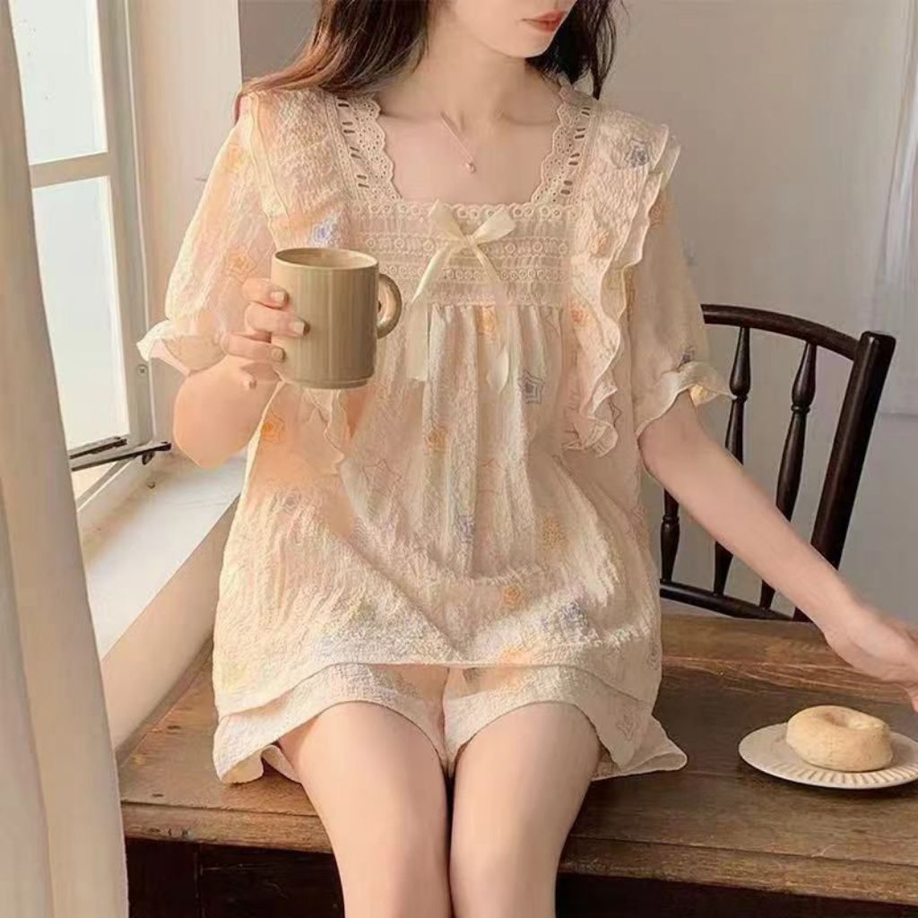 Setelan Piyama Baju Tidur Hotpants Celana Pendek Seksi Rumbai Pita Ala Korea Style