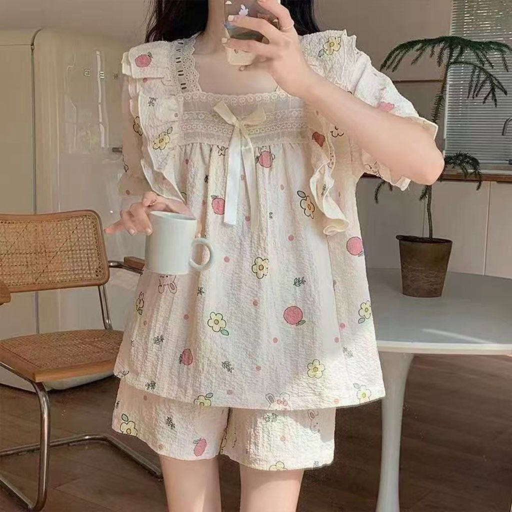 Setelan Piyama Baju Tidur Hotpants Celana Pendek Seksi Rumbai Pita Ala Korea Style