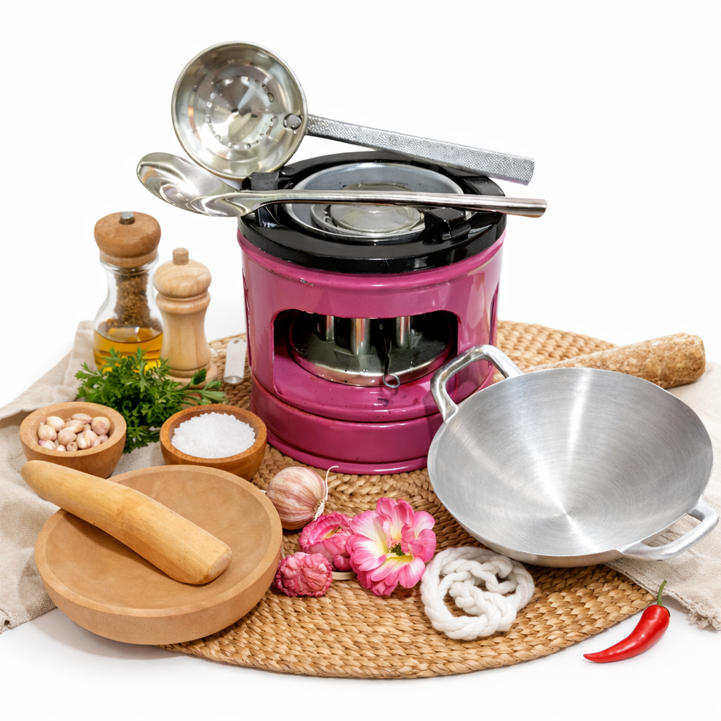 Mainan Masak Tradisional Anak Kayu & Besi | Set Kompor Wajan Sutil Cobek Ulekan Lengkap