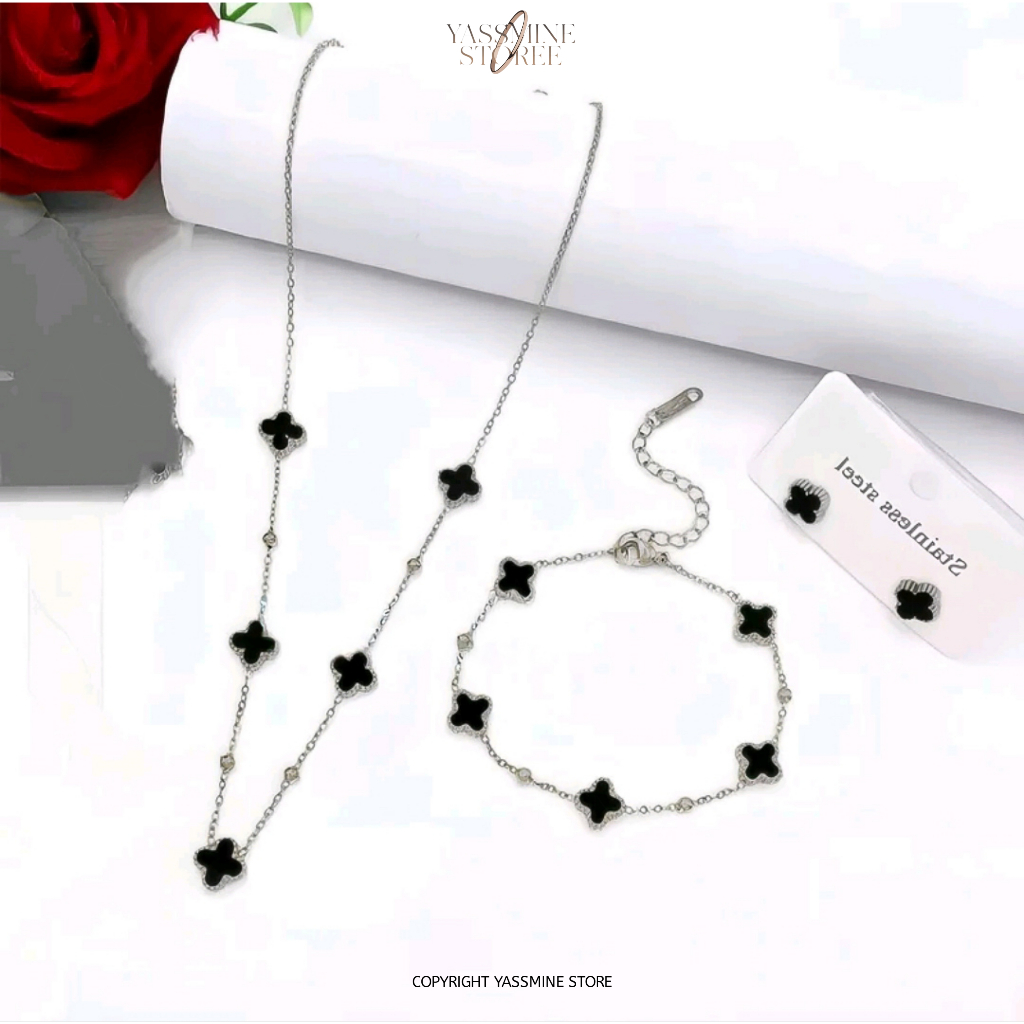 Set Kalung Gelang Anting Wanita Motif Semanggi Hitam Lapis Emas – Perhiasan Fashion  Hadiah Ulang Ta