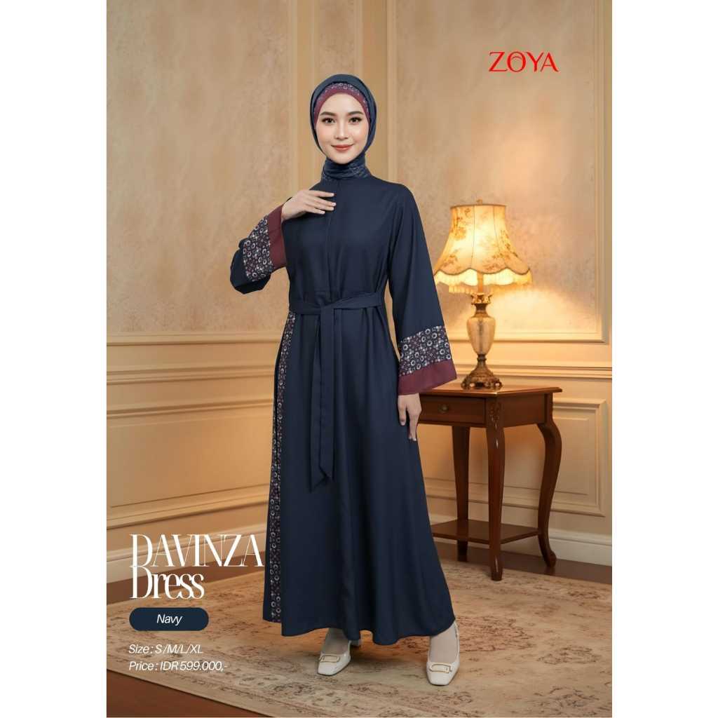 ZOYA Davinza Dress Navy - Baju Dress Gamis Muslim Wanita Wudhu Friendly Bahan Polly Textured