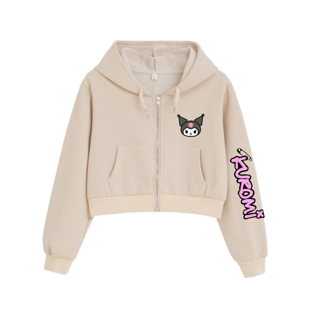 Jaket Hoodie Zipper Crop Top Kuromi Anak Perempuan Usia 4-14 Tahun